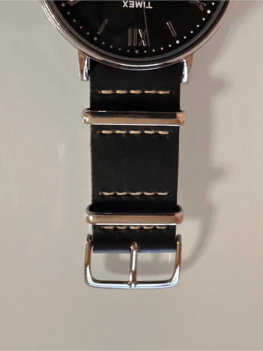 Timex Southview Genuine Leather NATO Strap Chrome Silver Accent Black Dial